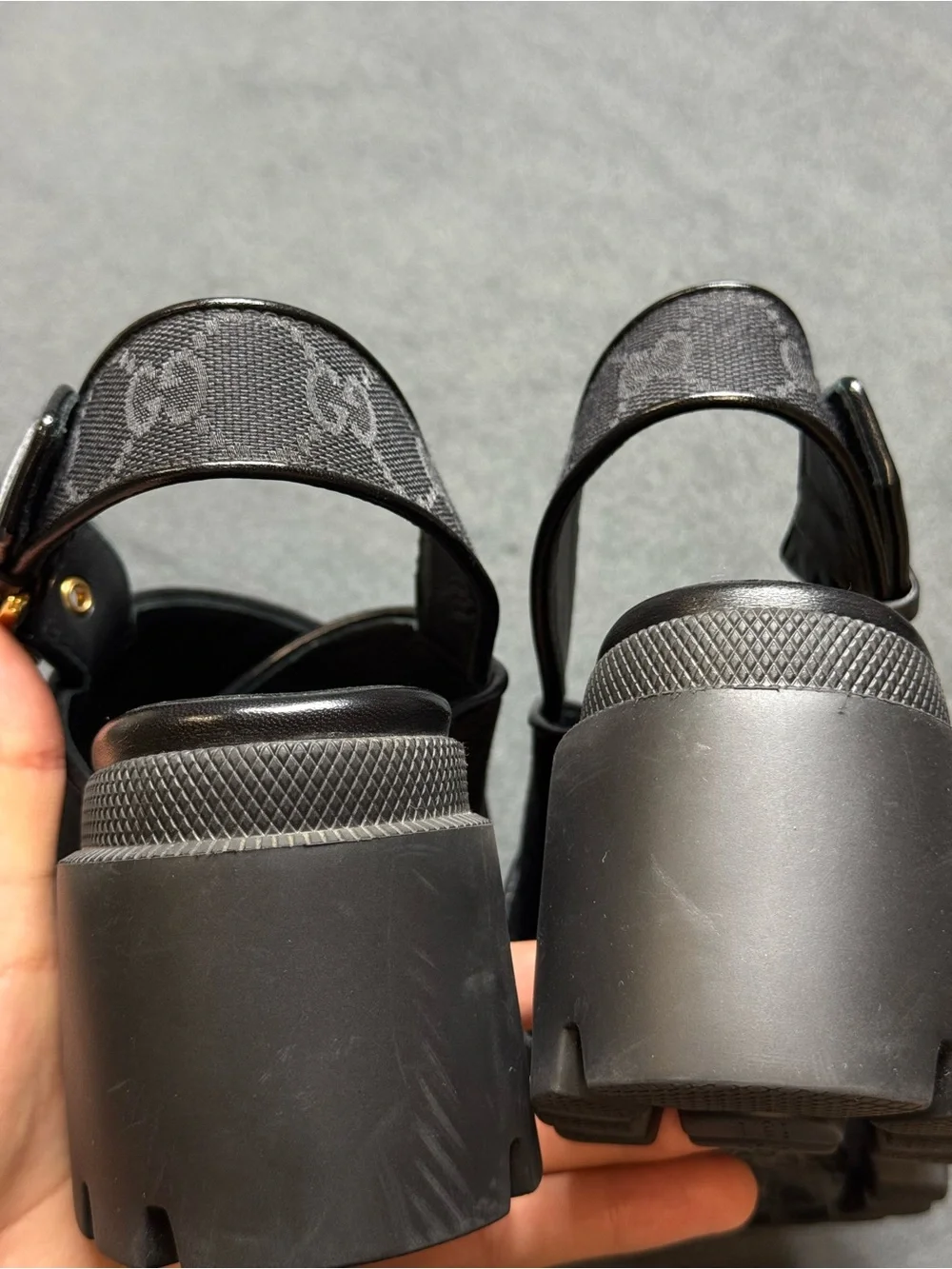 Gucci Black Platform Chunky Sandals with Gold Buckle